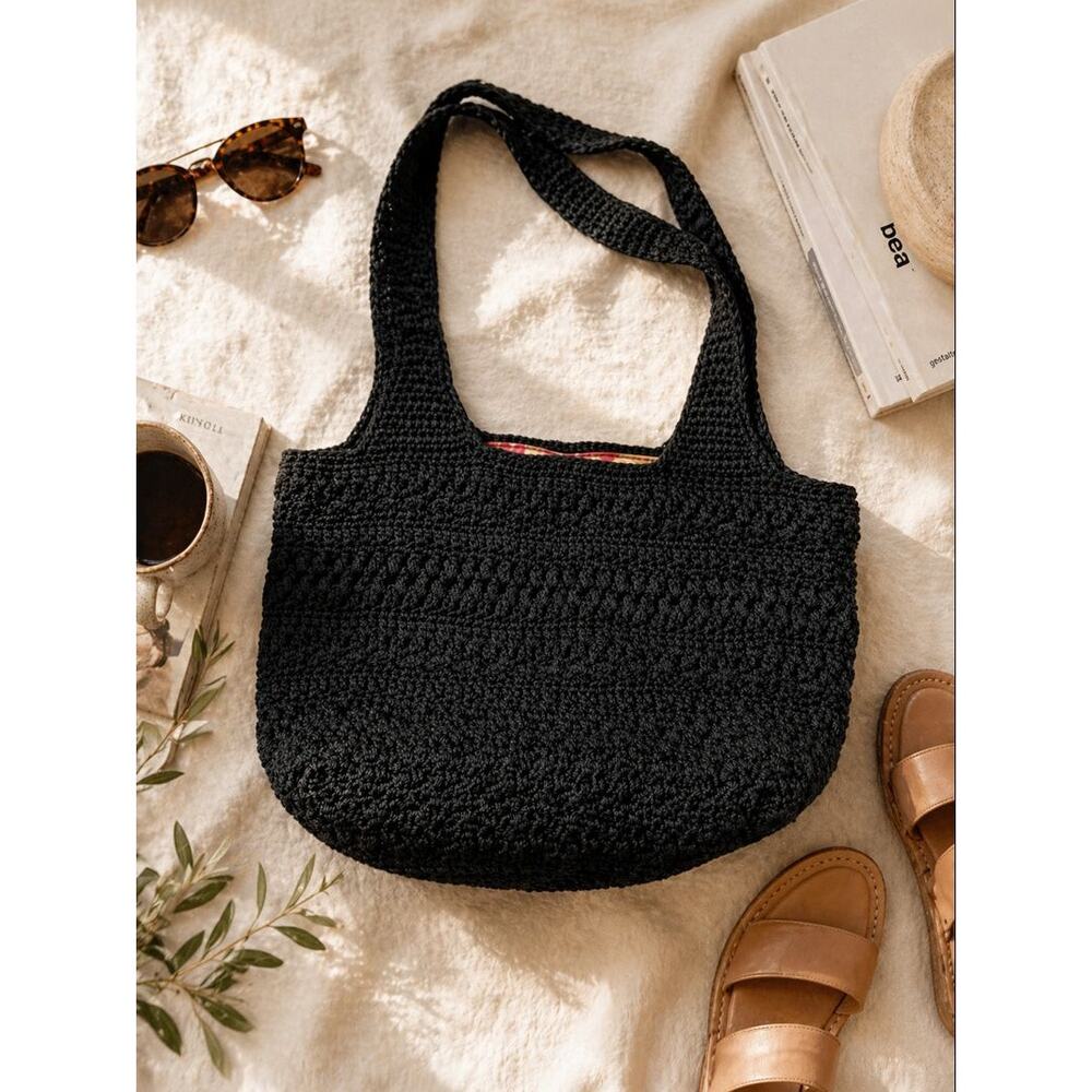Lina Black Knit Tote Bag Crochet Textured Shoulder Bag Boho Casual